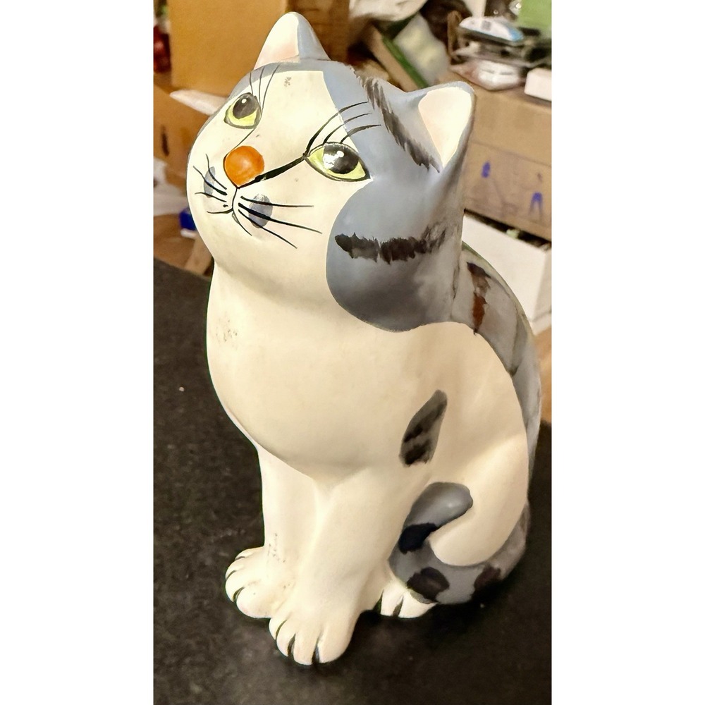 Vintage Japan Ceramic Cat Figurine Gray Tabby Green Eyes 6" Hand Painted